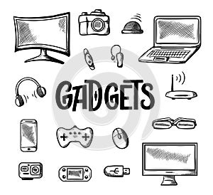 Different computer gadgets icon. Doodle illustration isolated on white background. Hand drawn sketch drawing, electronic la