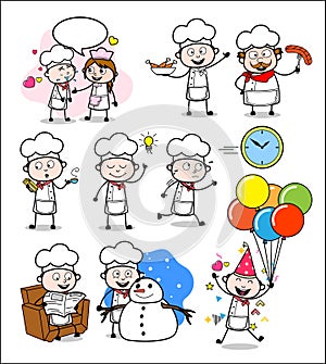 Different Concepts of Cartoon Chef - Set of Comic Vector illustrations