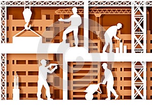Different construction workers silhouettes, vector illustration in paper art style. Building industry.
