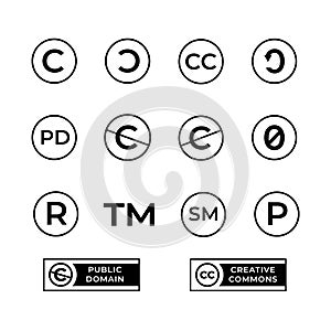 Different copyright icons set with creative commons and public domain signs. photo