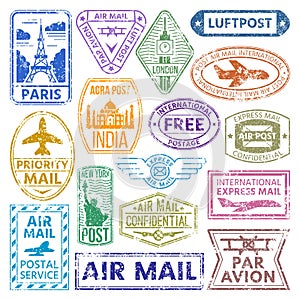 Different countries air plane post stamp delivery mail postmark illustration.