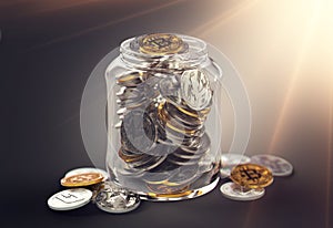 Different cryptocurrencies in a jar with bright sun flare. Saving for retirement with cryptocurrencies concept. Realistic 3D rende