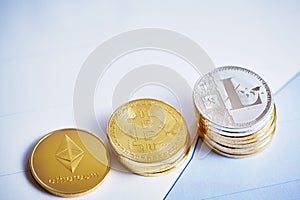 Different cryptocurrency on the chart background, close-up, shallow depth of field