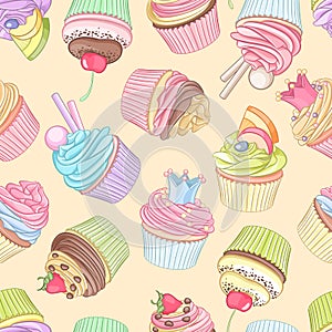 Different cupcakes seamless pattern. Vector illustration. photo
