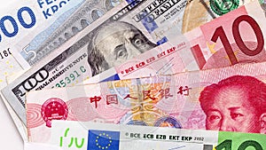 Different currency banknotes, including euros, Chinese yuan and one hundred US dollars, close up shot, top view panning. Backgroun