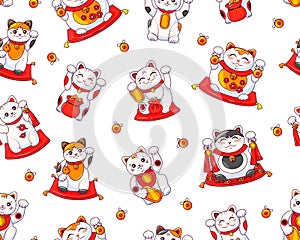 Different cute Japanese cats of good luck Maneki Neko. For printing on paper and fabric. Symbol wealth. Seamless vector