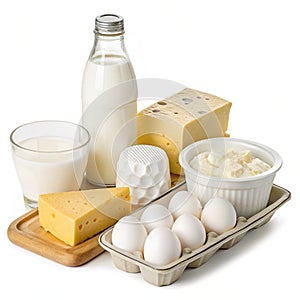 Different dairy products isolated on white background photo