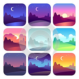 Different day times. Early morning sunrise and sunset, noon and dusk night. Sun time countryside landscape vector icons