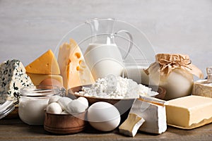 Different delicious dairy products on table