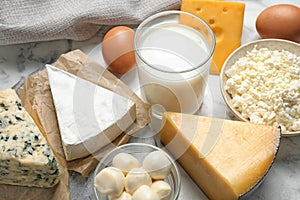 Different delicious dairy products on table