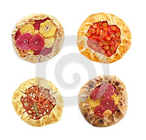 Different delicious galettes on white background, set. Top view