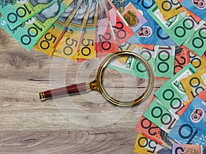 Different denomination Australian dollars AUD currency on desk