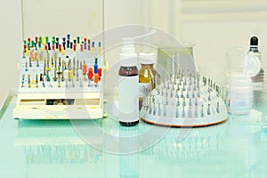 Different dentist`s tools and meds