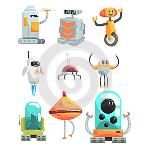Different Design Public Service Robots Set Of Colorful Cartoon Androids Isolated Drawing