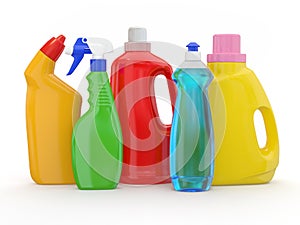Different detergent bottles on white background photo