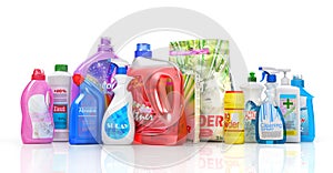 Different detergent bottles on a white background.