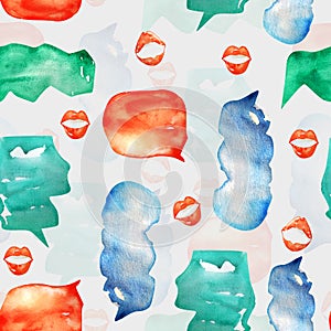 Different dialogs, lips watercolor seamless pattern