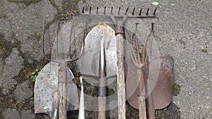 different dirty rusty shovels, rake, pitchfork and hoe