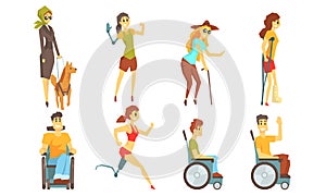 Different Disabled Handicapped People Set, Blind, Injured and Handicapped Persons Vector Illustration