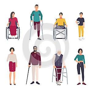 Different disabled people. Cartoon flat illustrations set.