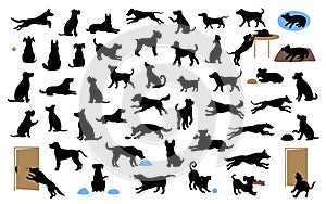 Different dogs silhouettes set, pets walk, sit, play, eat, steal food, bark, protect run and jump, isolated vector illustration