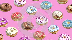 Different donuts on a pink background