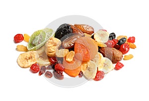 Different dried fruits on white background