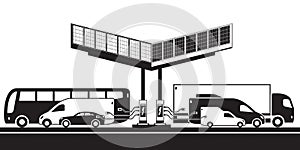 Different electric vehicles at charging station with solar panels