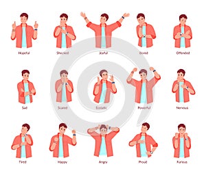 Different emotion gestures. People emotions on body expression, upset portrait person setabout exasperate or happy