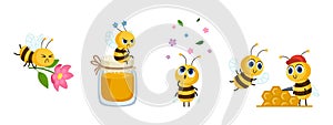 Different emotions cute bees. Working and flying bee, insect with flower and honey jar. Angry and surprised, happy