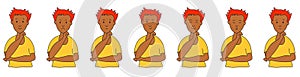 Different emotions and facial expressions of the face of a young Asian guy. Ethnic man with yellow skin raised his hand