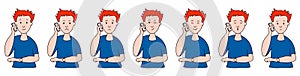 Different emotions. man talking on the phone. Facial expressions. Joy, sadness, anger, conversation, funny, fear, smile