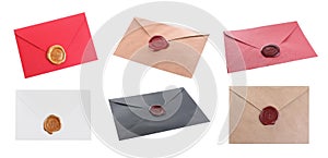 Different envelopes with wax seals on white background, collage. Banner design