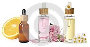 Different essential oils and ingredients on white background, collage