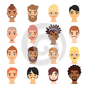 Different ethnic nationality affiliation man head face vector icons. photo