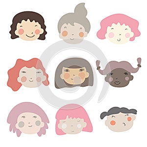 Different ethnic nationality affiliation woman head face vector icons. Happy baby girls faces. Cartoon vector illustration photo