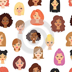 Different ethnic nationality affiliation woman head face vector icons seamless pattern photo