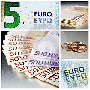 Different euro bank notes and euro cent coins