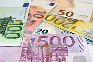 Different euro banknotes for background. Much money.