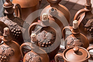 Different examples of tradtional ukrainian clay pottery jars
