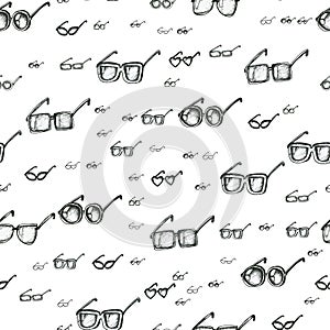 Different eyeglasses types seamless pattern, hand drawn doodle style vector. Black and white sketch illustration. Square