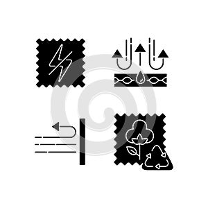 Different fabric features black glyph icons set on white space