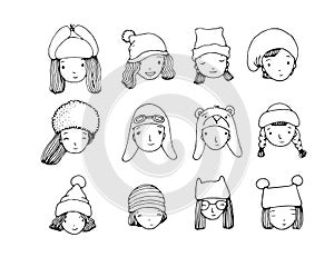 Different faces. People in winter hats. Hand drawing isolated objects on white background.