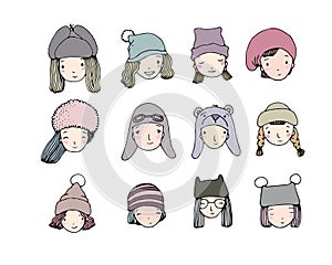 Different faces. People in winter hats. Hand drawing objects on white background.