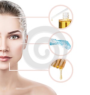 Different facial beauty procedures in circles near woman face.