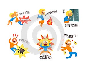 Different Fears and Phobia with Comic Man and Woman Afraid of Various Things Vector Set