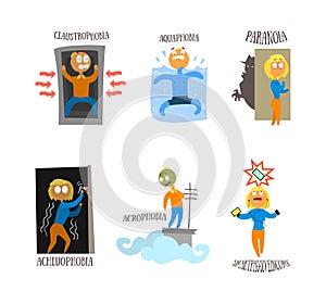 Different Fears and Phobia with Comic Man and Woman Afraid of Various Things Vector Set