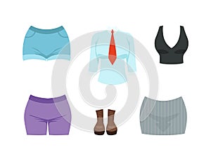 Different Female Clothes and Attire with Shorts, Blouse and Shoes Vector Set