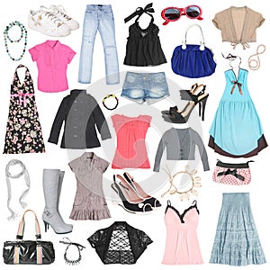 Different female clothes, shoes and accessories.