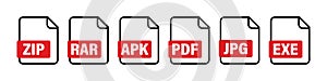 Different file formats icon set. Image with file formats collection. Document icon vector. Pdf jpg zip txt format file vector icon